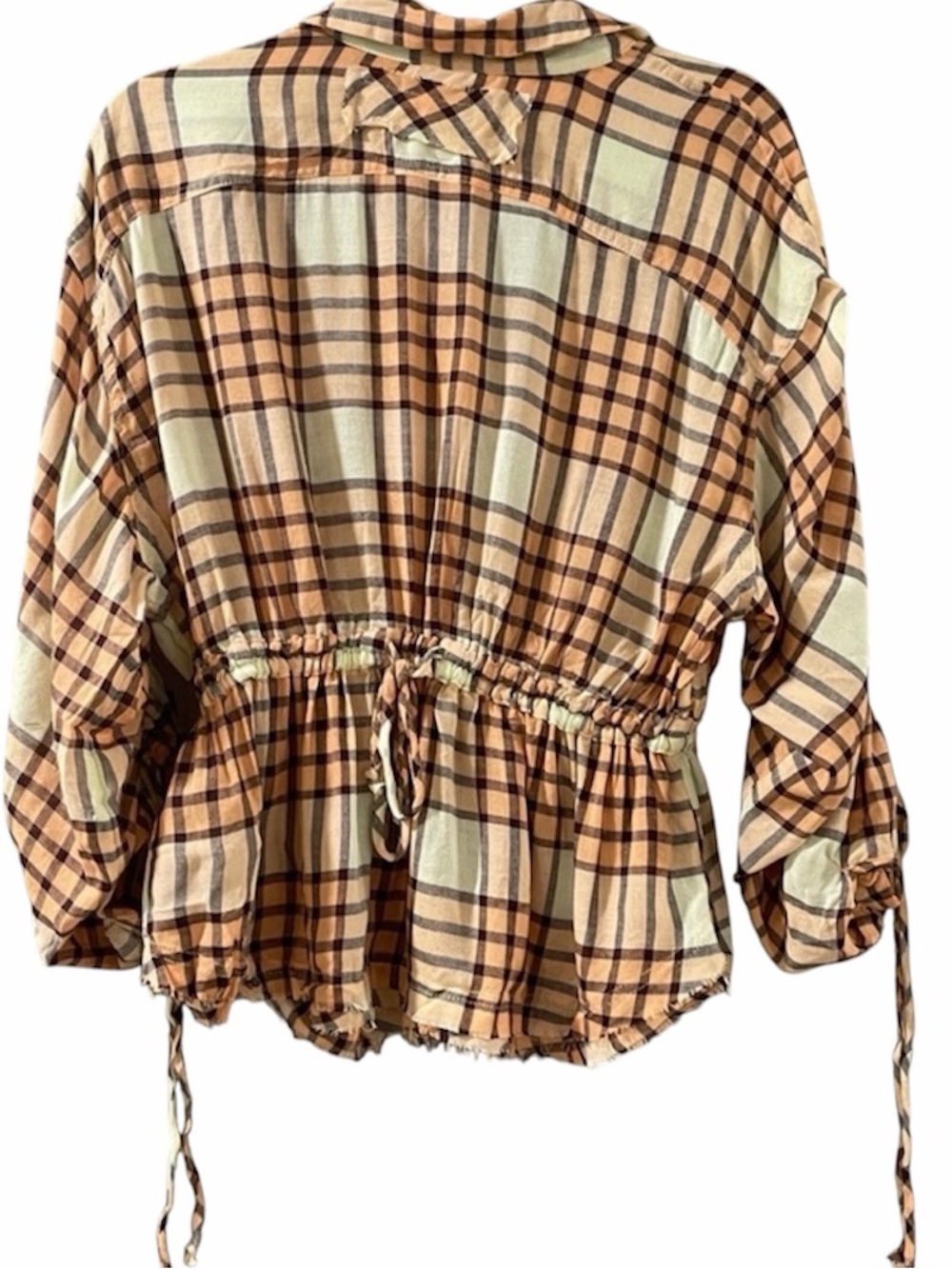 NWT Free People Boho Tan and Cream Plaid Peplum Snap Closure Top Large - Picture 3 of 3